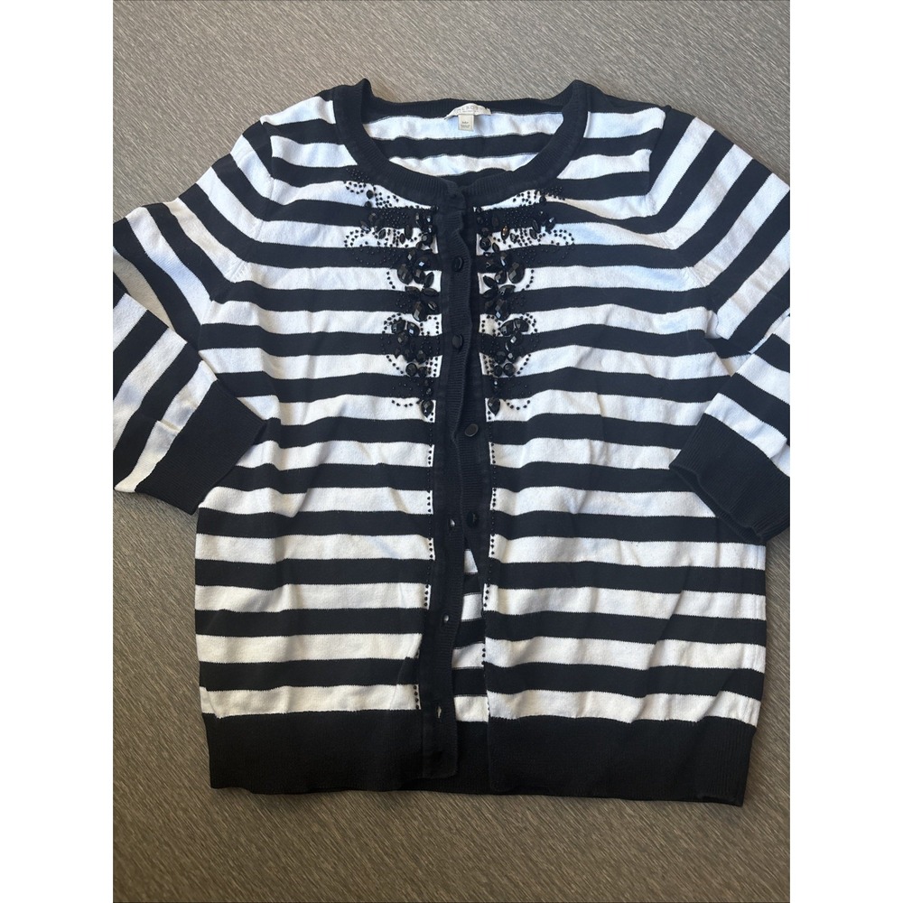 TALBOTS Cardigan Sweater MP Black White Striped Embellished 3/4 Sleeve Stretch